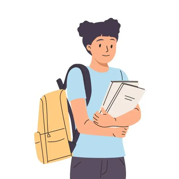 Vector illustration of Happy girl go to school and carrying pile of books. Scene of smiling schoolgirl or cheerful student with backpack.