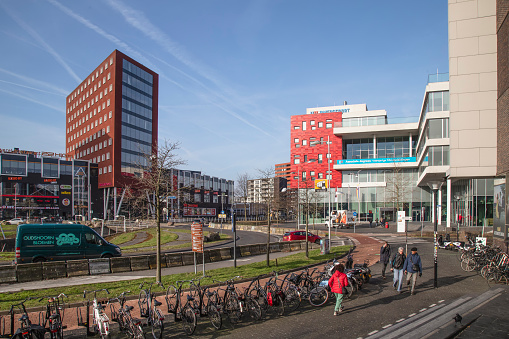 Amersfoort, Netherlands, January 29, 2024; Modern buildings around a busy roundabout in Amersfoort.
