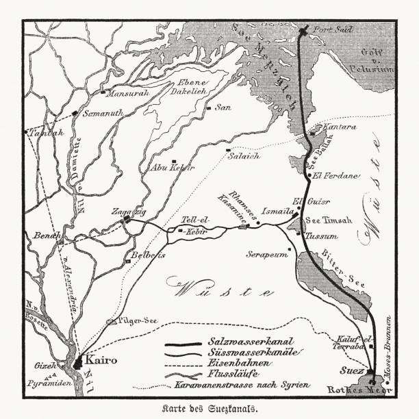 istock Map of the Suez Canal, Egypt, wood engraving, published in 1869 1980869096