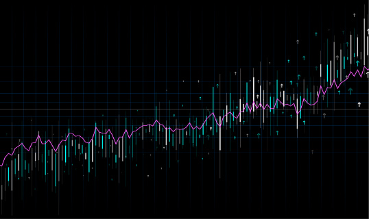 Blue and pink purple candles and arrows indicate stock market trading or crypto currencies on a financial chart vector illustration on black background