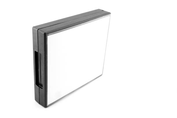 black plastic box for ten DVD and CD discs isolated on white background close up