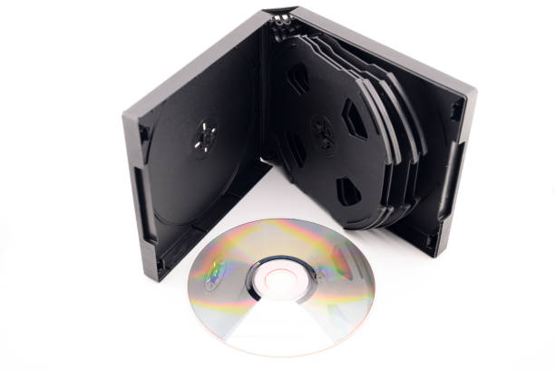black plastic box for ten DVD and CD discs isolated on white background close up