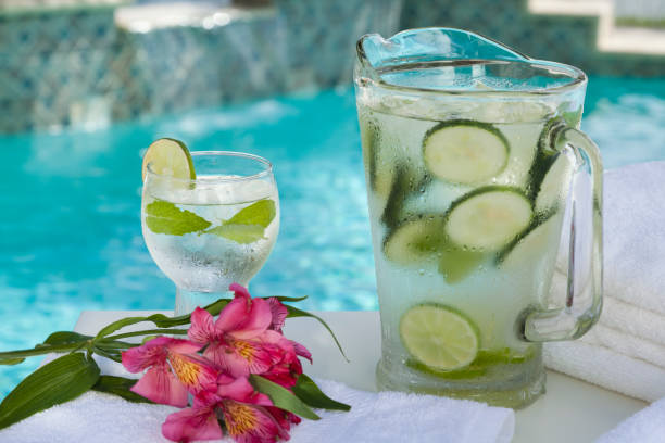 istock Fresh and cold drinking water in a pitcher by the pool in a spa 1980890290