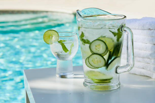 istock Fresh and cold drinking water in a pitcher by the pool in a spa 1980890292