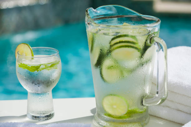 istock Fresh and cold drinking water in a pitcher by the pool in a spa 1980890302