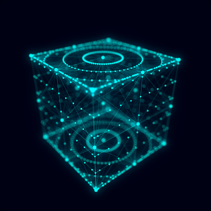 Abstract blue cube with connecting dots and lines. Big data visualization. Blockchain technology concept. Wireframe network connection structure with circle. 3d rendering.