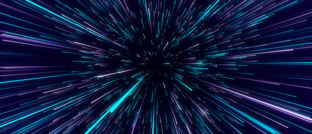 istock Abstract blue hyper jump. Digital hyperspace with flow of bright particles. Beams motion in galaxy. Big stars explosion. Space glowing tunnel moving at the speed of light. 3d rendering. 1980902926