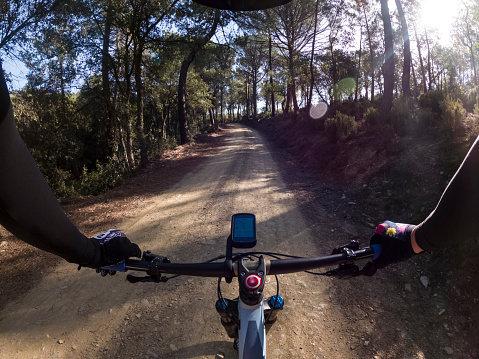 C:\DCIM\100GOPRO\G0023216.GPRRacing a forest bicycle path in the woods with a mountain bike with a flat bar handlebar rider point of view