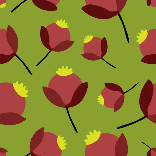 Vector illustration of Floral Illustration of red flowers on a green background. Pattern.