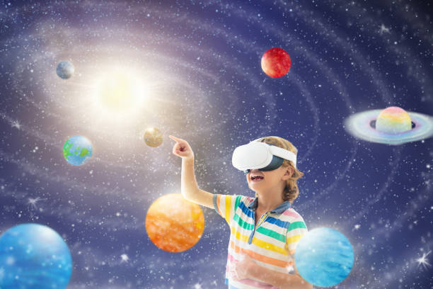 istock Child in virtual reality goggles. VR set for kids. 1980935875
