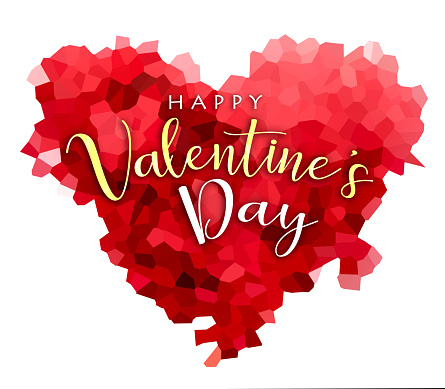 Red low-poly stylized heart with HAPPY VALENTINE'S DAY lettering, isolated on a white background. Can be used as a design for Valentine's day holiday greeting cards or posters.