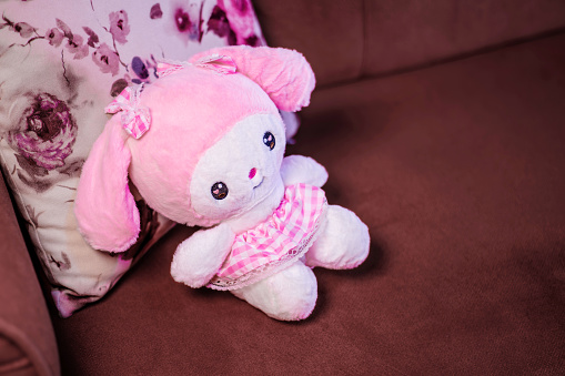 Cute children's toy image. Pink bunny is sitting on the couch with pillow. Selective focus.