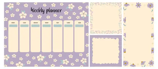 Vector illustration of set of flower weekly journals. Class schedule for children. Notes and to-do list. Memo pages with flowers, lemons. Summer.