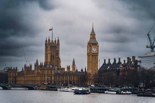 Big Ben and Palace of Westminster With Dark Dramatic Clouds forming above London