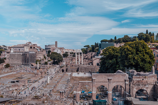 Top view of the ruins of Ancient Rome. Ancient Roman Forum from the Capitoline Hill for publication, design, poster, calendar, post, screensaver, wallpaper, cover, website. High quality photography