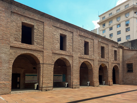 Buenos Aires, Argentina - Jan 14, 2024: Colonial arch gallery from 1730 in the yard of The Block of the Lights, former administration of the Jesuit Order, downtown Buenos Aires, Argentina.