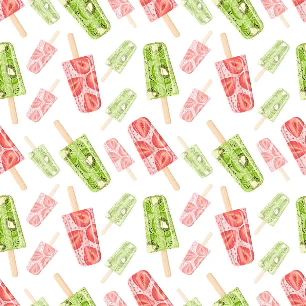 Vector illustration of Fruit kiwi and strawberry ice cream on a stick. Seamless pattern in vector flat style.