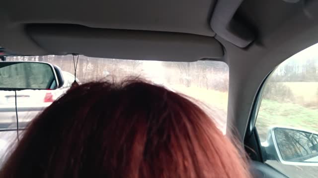 The view from the car while driving, the reflection in the mirror. Head of a woman with red hair.