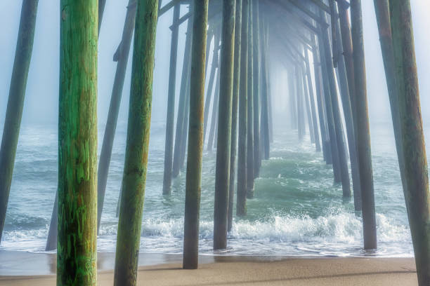 Kure Pier Foggy Ocean Waves stock photo