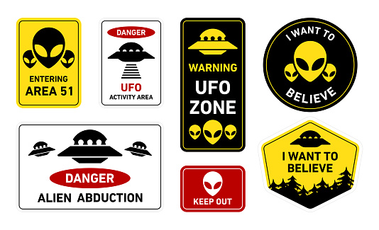 UFO, aliens and Area 51 danger warning road signs and stickers collection. Aliens abduction theme, flat style vector illustration.