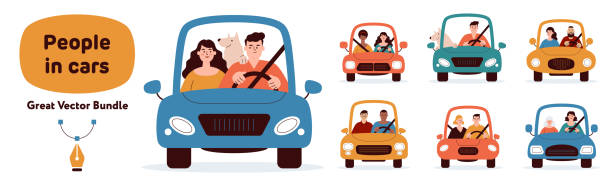 stockillustraties, clipart, cartoons en iconen met people inside cars bundle vector flat style illustration - rijden een motorvoertuig besturen