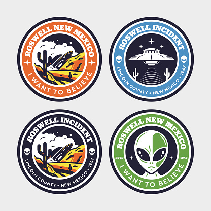 Aliens and ufo set of vector emblems, labels, badges or logos. Roswell incident. Retro ink style.