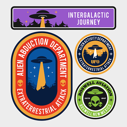 Alien Language Sticker Lables Aliens And Ufo Set Of Vector Emblems Labels Badges Or Logos Stock ...