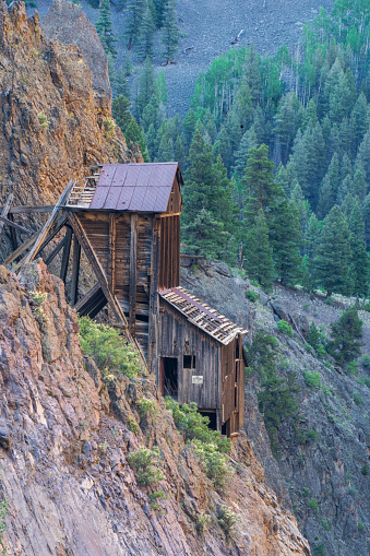Bachelor mine in Creede Colorado, miners outbuilding on side of steep cliff
