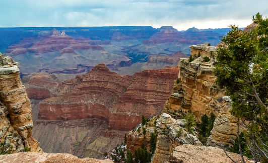 Panoramic view of the river valley and red rocks. Grand Canyon National Park with Colorado river in Arizona, USA