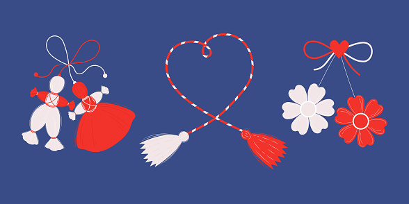 Martisor. Collection Red and white accessory talisman Martenitsa. Baba Marta Day, Traditional holiday. Symbol for spring beginning. 1 March. Isolated vector holiday symbols on blue background
