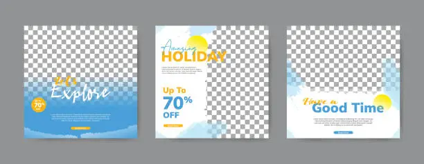 Vector illustration of Set of summer holiday social media post template. Square banner design background.