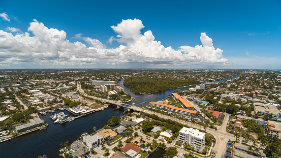 Deerfield Island Park in Deerfield Beach, Florida, with the Hillsboro Blvd Drawbridge above Intracoastal Waterway in summer.