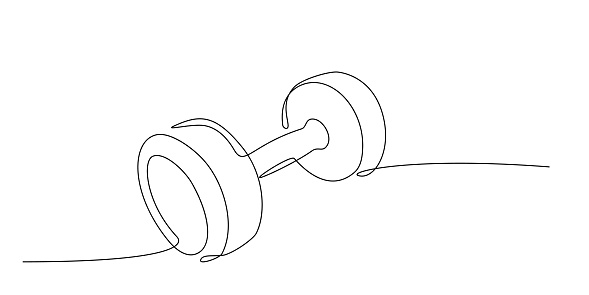Drawing of dumbbell in continuous single line style. Sport equipment in linear style. Outline symbol for design of poster, banner. Sport, workout, wellness. Editable stroke. Vector doodle illustration