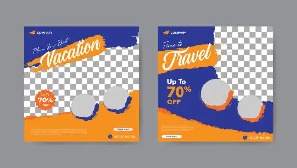 Vector illustration of Set of travel agency social media post template. Square banner design background.