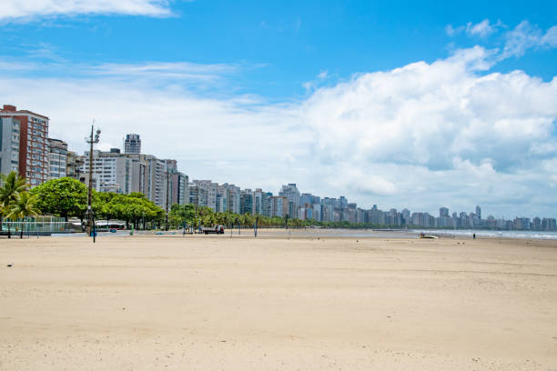 Tropical Santos Sao Paolo Brazil City Skyline Along Sandy Empty Beach