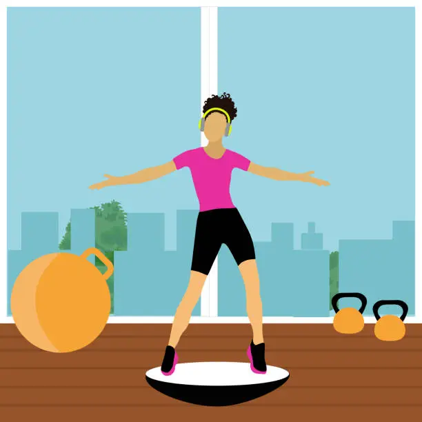 Vector illustration of athlete girl is exercising with a pilates balance ball in the gym, listening to music with her headphones
