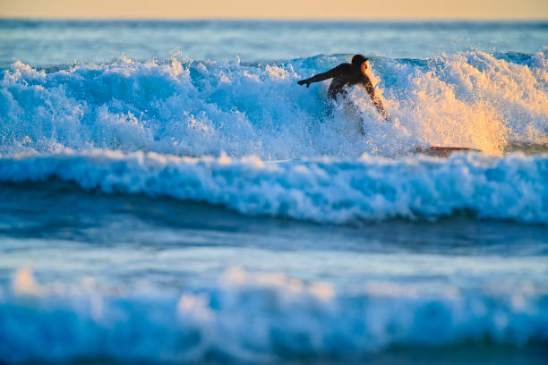 The Pacific Rim National Park on Vancouver Island on April  28, 2023:   Male engaged in surfing at Pacific Rim National Park on Vancouver Island at sunset, British Columbia