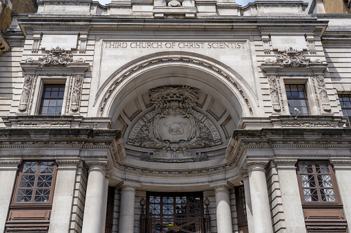 London England - May 29 2023: Entrance to the Third Church of the Christ Scientist in London England