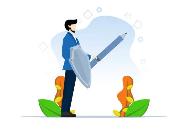 Vector illustration of time management or project deadline challenge concept, Fighting procrastination for master of productivity or efficiency professional, businessman wearing visor and pencil sword.