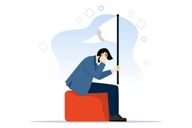 Vector illustration of Giving up, abandoning hopes or dreams, loser or business failure, tiredness or exhaustion from hard work, despair or hopelessness concept, sad businessman giving up waving white flag asking for help.