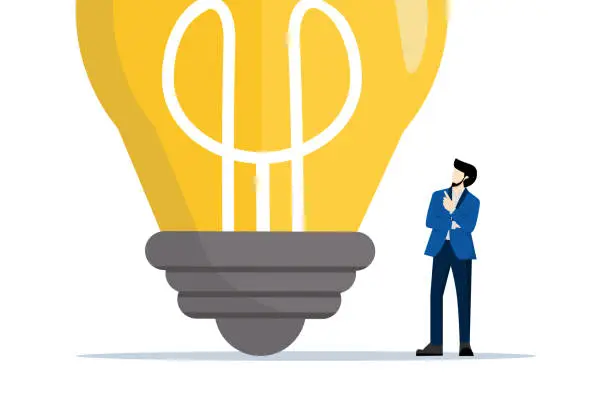 Vector illustration of Think big concept, aspiration to win and succeed in business, smart businessman thinking with big idea light bulb, big idea creativity and imagination to overcome fear concept. vector illustration.