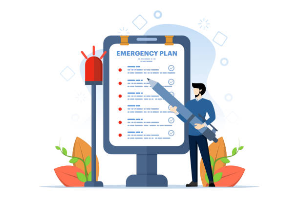 business-notfallplan-konzept, checkliste, die in der katastrophe zu tun ist, fortführung des geschäfts und aufbau von resilienzkonzept, intelligenter geschäftsmann, der einen bleistift mit sirenenblinken hält, notfallplanpapier. - disaster business plan preparation stock-grafiken, -clipart, -cartoons und -symbole