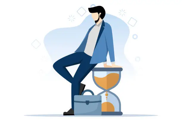 Vector illustration of Concept of wasting time waiting and never starting a new business, depressed businessman sitting on time passing the hourglass or hourglass, time passing or ineffective thinking or laziness concept.