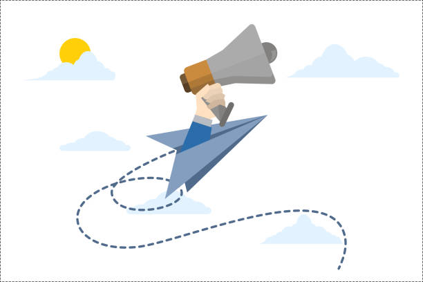 istock marketing process, businessman, marketing strategy, idea, analyst, business plan, paper airplane with businessman hand holding megaphone as advertising, banner flat vector illustration. 1981357822