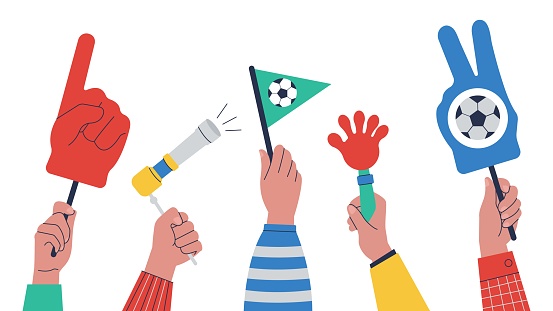 Footballs fans hand. Foam finger, flag and trumpet. Isolated soccer championship objects. Fan support sport team on competition, decent vector banner hand finger for football fan illustration
