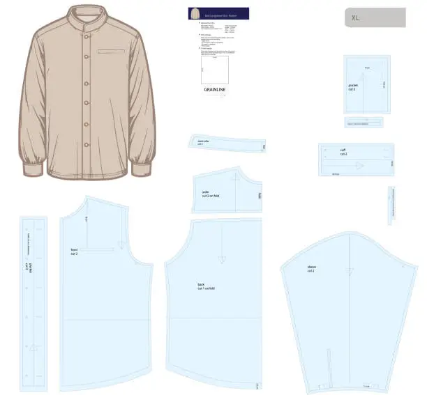 Vector illustration of Vector Sewing Pattern for Men XL Long Sleeve Shirt with Mandarin Collar and Placket