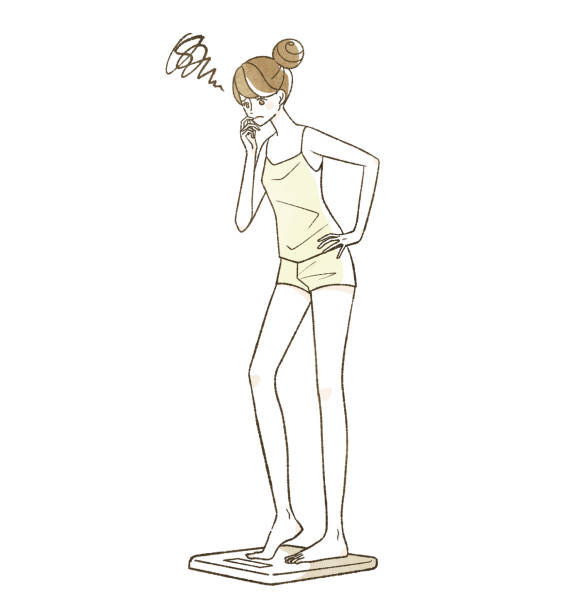 illustrazioni stock, clip art, cartoni animati e icone di tendenza di una donna in piedi su una bilancia con un'espressione turbata - emaciated weight scale dieting overweight