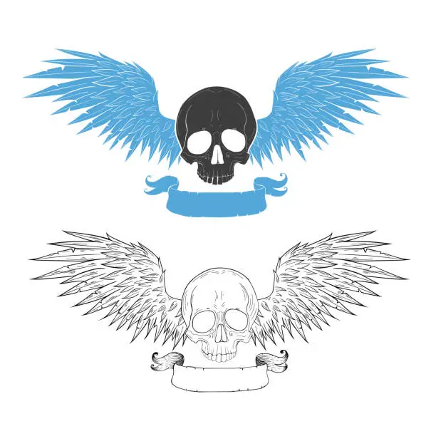 Vector illustration of Monochrome Skull with wings. Vector illustration, tattoo sketch, emblem