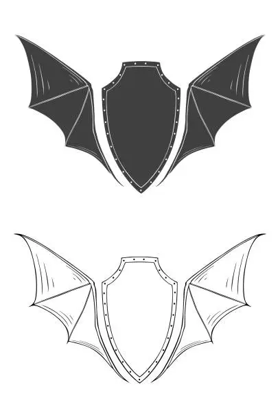 Vector illustration of Monochrome Shield with Bat Wings. Vector illustration, tattoo sketch, emblem