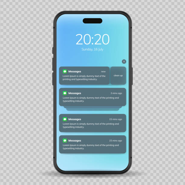 push notification message on mobile phone on light background, smartphone mobile phone sms popup with updated check mark. tick and text vector flat cartoon, completion of digital update or accepted notification. vector illustration. - teks ilustrasi stok